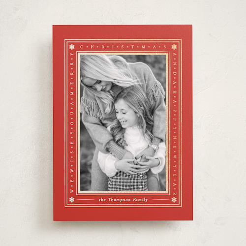This is a holly foil pressed holiday cards with foil pressed by Robert and Stella called tiny type border printing on recycled smooth signature in standard