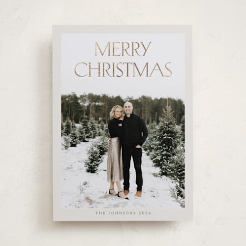This is a mist foil pressed holiday cards with foil pressed by Nicole Walsh called merry & classic printing on recycled smooth signature in standard