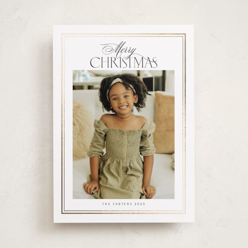 This is a snow foil pressed holiday cards with foil pressed by Nicole Walsh called classic printing on recycled smooth signature in standard