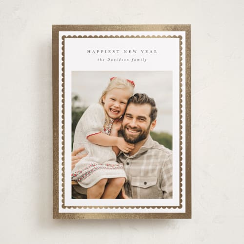This is a snow foil pressed holiday cards with foil pressed by Jackie Crawford called tiny scallop printing on recycled smooth signature in standard