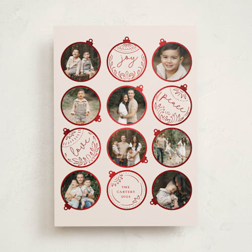 This is a berry foil pressed holiday cards with foil pressed by Teju Reval called gilded ornaments printing on recycled smooth signature in standard