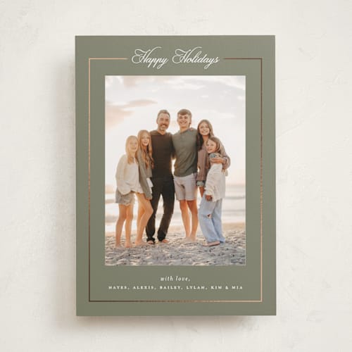 This is a sage foil pressed holiday cards with foil pressed by Melanie Kosuge called greenwich printing on recycled smooth signature in standard