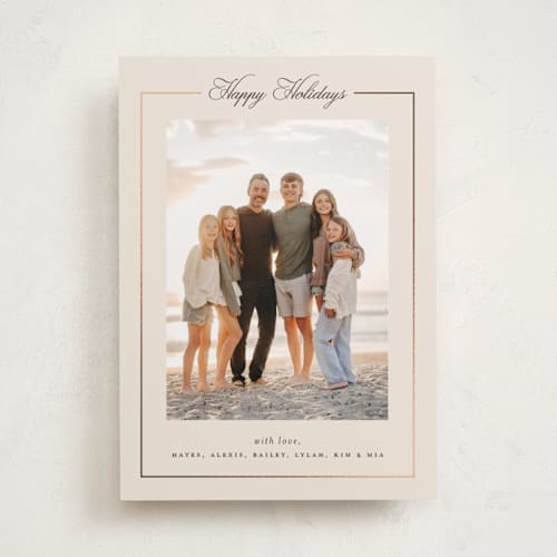 This is a vanilla foil pressed holiday cards with foil pressed by Melanie Kosuge called greenwich printing on recycled smooth signature in standard