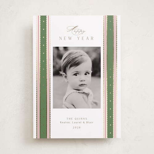 This is a wreath foil pressed holiday cards with foil pressed by Susan Zinader called swiss dot ribbon printing on recycled smooth signature in standard