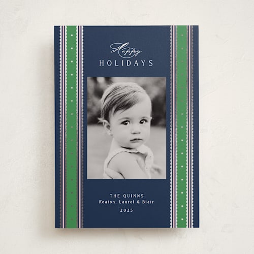 This is a preppy foil pressed holiday cards with foil pressed by Susan Zinader called swiss dot ribbon printing on recycled smooth signature in standard