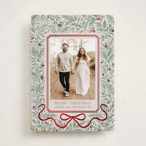 This is a pine foil pressed holiday cards with foil pressed by Elly called merry botanical printing on recycled smooth signature in standard