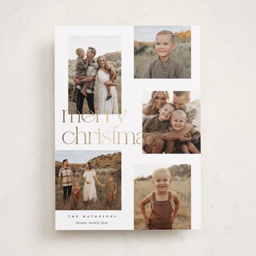 This is a snow foil pressed holiday cards with foil pressed by Kelly Schmidt called happy overlap printing on recycled smooth signature in standard