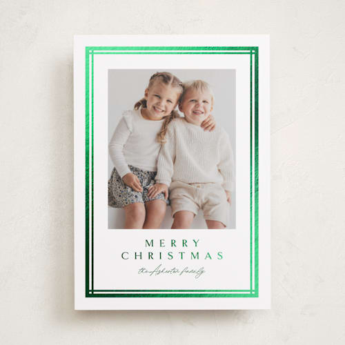 This is a pine foil pressed holiday cards with foil pressed by Lea Delaveris called trim printing on recycled smooth signature in standard
