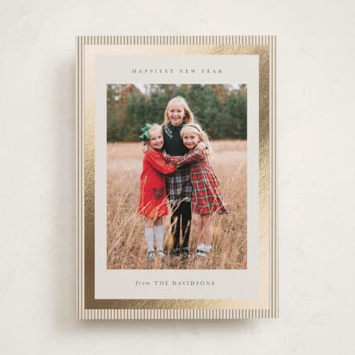 This is a forest foil pressed holiday cards with foil pressed by Jackie Crawford called modern striped frame printing on recycled smooth signature in standard