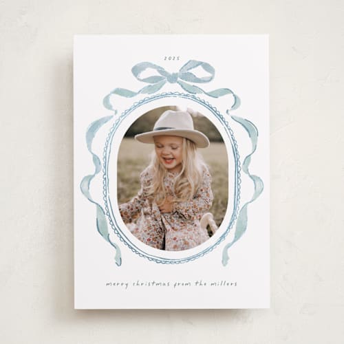 This is a jack frost foil pressed holiday cards with foil pressed by Susan Zinader called whimsical bow printing on recycled smooth signature in standard