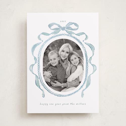 This is a jack frost foil pressed holiday cards with foil pressed by Susan Zinader called whimsical bow printing on recycled smooth signature in standard