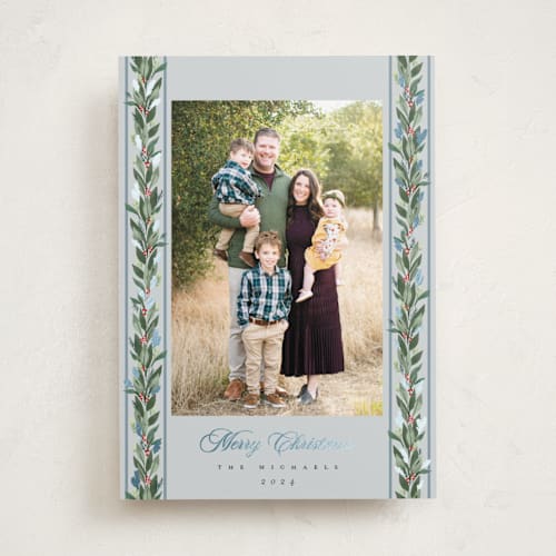 This is a winter sky foil pressed holiday cards with foil pressed by Rebecca Durflinger called evergreen garlands printing on recycled smooth signature in standard