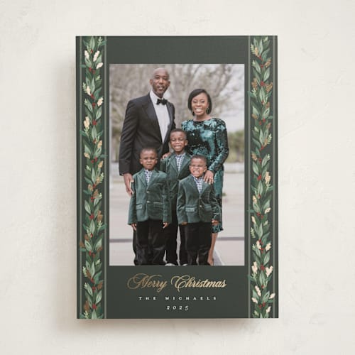 This is a juniper foil pressed holiday cards with foil pressed by Rebecca Durflinger called evergreen garlands printing on recycled smooth signature in standard