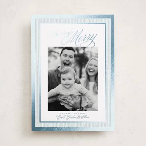 This is a frost foil pressed holiday cards with foil pressed by Alston Foster called merry striped frame printing on recycled smooth signature in standard