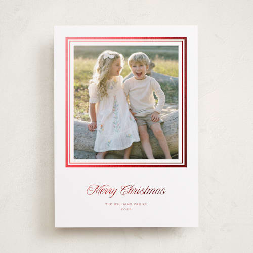 This is a santa suit foil pressed holiday cards with foil pressed by Blustery August called lauren printing on recycled smooth signature in standard
