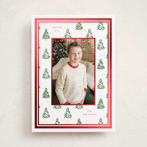 This is a candy cane foil pressed holiday cards with foil pressed by Corinne Malesic called little trees printing on recycled smooth signature in standard