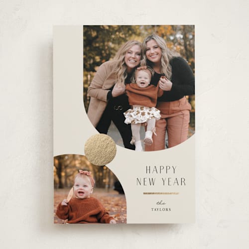 This is a starlight foil pressed holiday cards with foil pressed by Christy Hy Lee called modern shapes printing on recycled smooth signature in standard