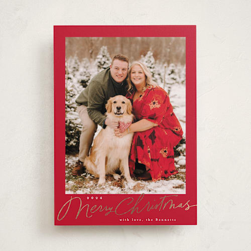 This is a santa suit foil pressed holiday cards with foil pressed by Everett Paper Goods called pencilled in printing on recycled smooth signature in standard