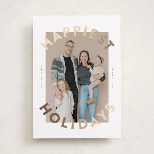 This is a santa’s workshop foil pressed holiday cards with foil pressed by Erica Krystek called the festive type printing on recycled smooth signature in standard