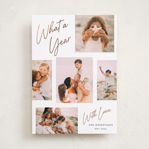 This is a copper foil pressed holiday cards with foil pressed by Stacey Meacham called simply scripted printing on recycled smooth signature in standard