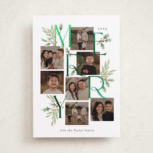 This is a tangerine foil pressed holiday cards with foil pressed by Alethea and Ruth called merry letters printing on recycled smooth signature in standard