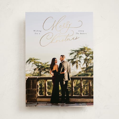 This is a chimney smoke foil pressed holiday cards with foil pressed by Design Lotus called minimalist merry moments printing on recycled smooth signature in standard
