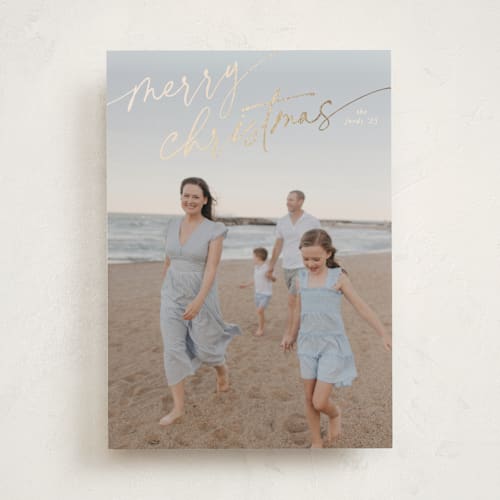 This is a honey foil pressed holiday cards with foil pressed by Julia Hall called jotted christmas printing on recycled smooth signature in standard