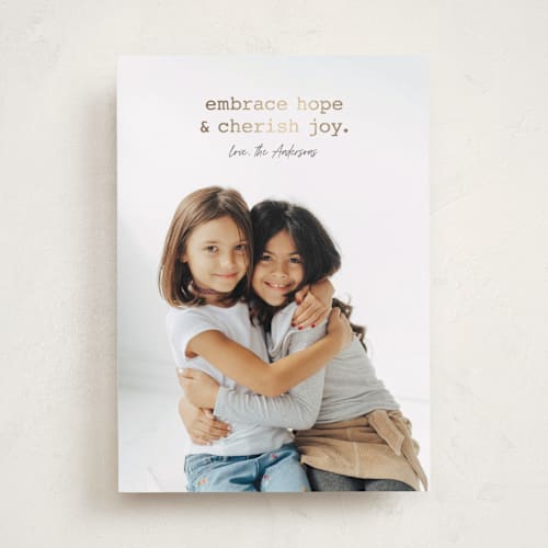 This is a chimney smoke foil pressed holiday cards with foil pressed by Carrie ONeal called embrace hope printing on recycled smooth signature in standard