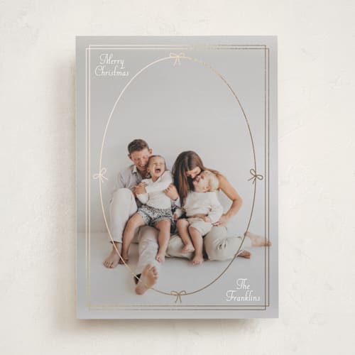 This is a sugar foil pressed holiday cards with foil pressed by Baumbirdy called bow frame printing on recycled smooth signature in standard