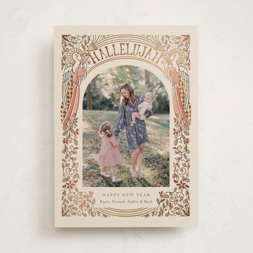 This is a sandy foil pressed holiday cards with foil pressed by Becky Nimoy called angels arch printing on recycled smooth signature in standard