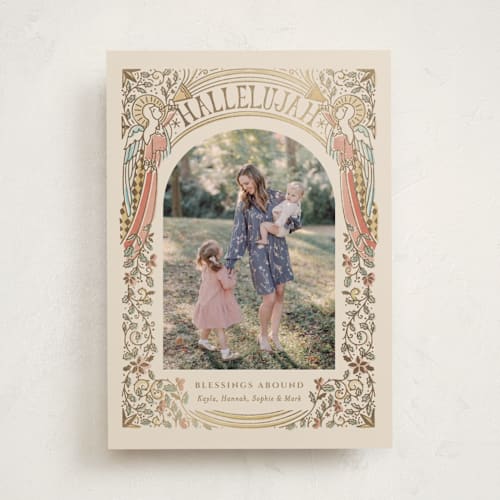 This is a sandy foil pressed holiday cards with foil pressed by Becky Nimoy called angels arch printing on recycled smooth signature in standard