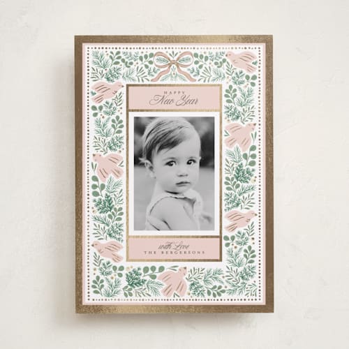 This is a petal foil pressed holiday cards with foil pressed by Itsy Belle Studio called peace doves printing on recycled smooth signature in standard