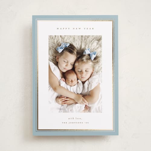 This is a sky foil pressed holiday cards with foil pressed by Christy Hy Lee called clean frame printing on recycled smooth signature in standard