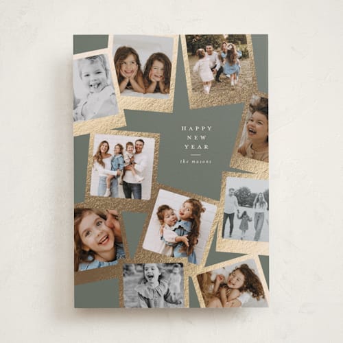 This is a sage foil pressed holiday cards with foil pressed by Lori Wemple called snapshots printing on recycled smooth signature in standard