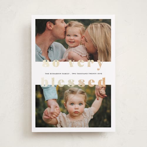 This is a snow foil pressed holiday cards with foil pressed by Devika Keskar called so very blessed printing on recycled smooth signature in standard