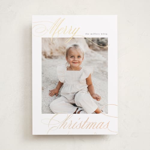 This is a ink foil pressed holiday cards with foil pressed by Nicole Walsh called merry script printing on recycled smooth signature in standard