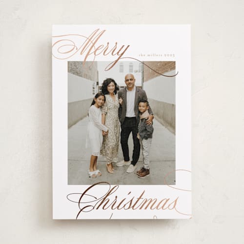 This is a gingerbread foil pressed holiday cards with foil pressed by Nicole Walsh called merry script printing on recycled smooth signature in standard