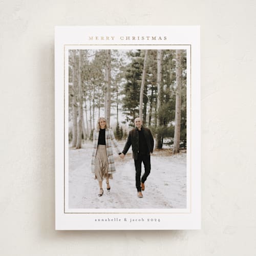 This is a snow foil pressed holiday cards with foil pressed by Nicole Walsh called minimalist frame printing on recycled smooth signature in standard