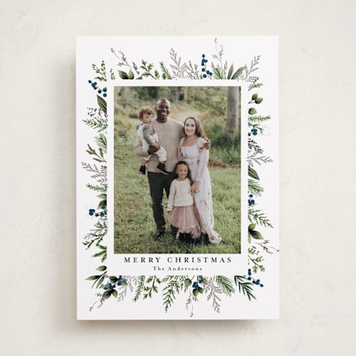 This is a winter berry foil pressed holiday cards with foil pressed by Susan Moyal called classic greenery printing on recycled smooth signature in standard