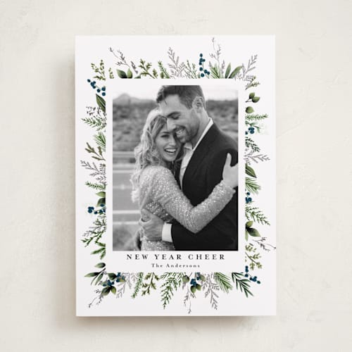 This is a winter berry foil pressed holiday cards with foil pressed by Susan Moyal called classic greenery printing on recycled smooth signature in standard