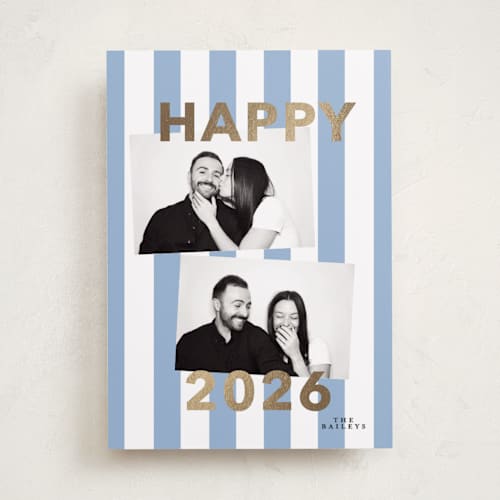 This is a periwinkle foil pressed holiday cards with foil pressed by Angela Thompson called bold stripe printing on recycled smooth signature in standard