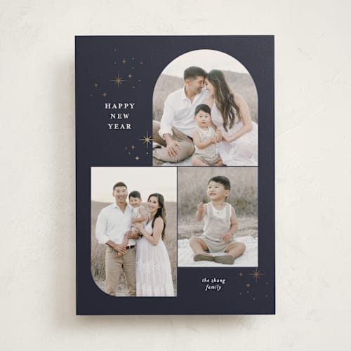 This is a midnight foil pressed holiday cards with foil pressed by Pixel and Hank called joy trio printing on recycled smooth signature in standard