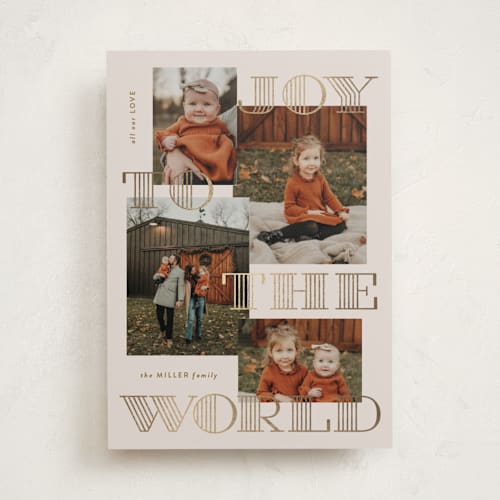 This is a goldenrod foil pressed holiday cards with foil pressed by Inkblot Design called engraved joy printing on recycled smooth signature in standard