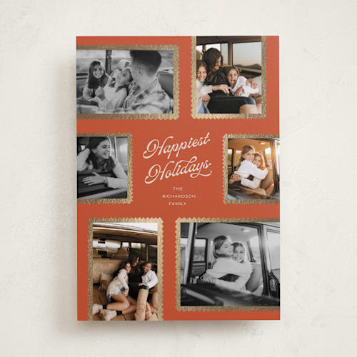 This is a cardinal foil pressed holiday cards with foil pressed by Pixel and Hank called patchwork printing on recycled smooth signature in standard