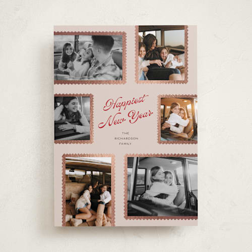 This is a chardonnay foil pressed holiday cards with foil pressed by Pixel and Hank called patchwork printing on recycled smooth signature in standard