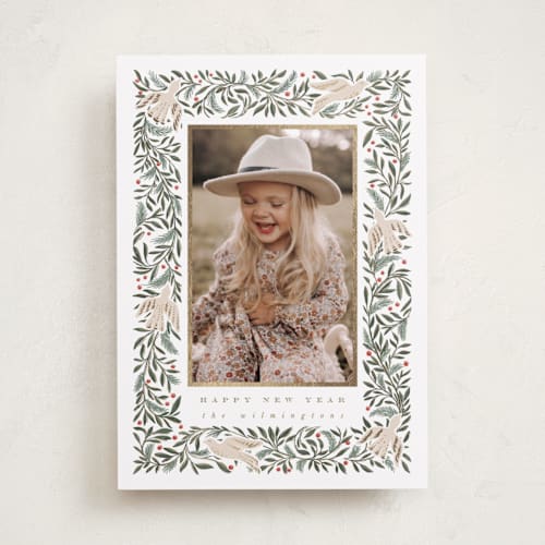 This is a dove foil pressed holiday cards with foil pressed by Leah Bisch called dove of peace printing on recycled smooth signature in standard
