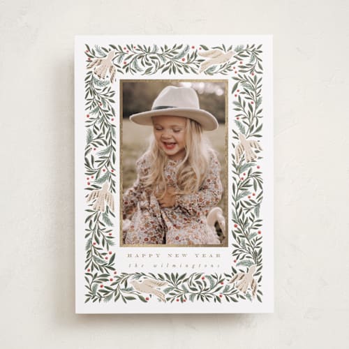 This is a dove foil pressed holiday cards with foil pressed by Leah Bisch called dove of peace printing on recycled smooth signature in standard