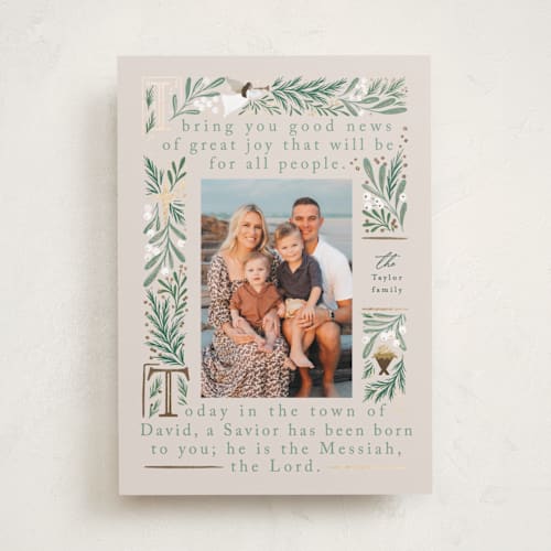 This is a ivory foil pressed holiday cards with foil pressed by Alethea and Ruth called bible story printing on recycled smooth signature in standard
