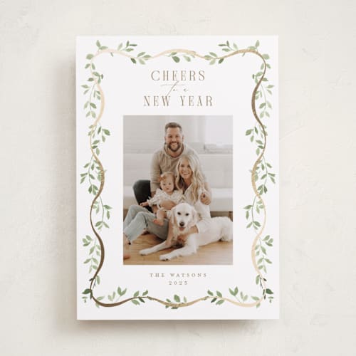 This is a snow foil pressed holiday cards with foil pressed by Everett Paper Goods called adorn framed printing on recycled smooth signature in standard