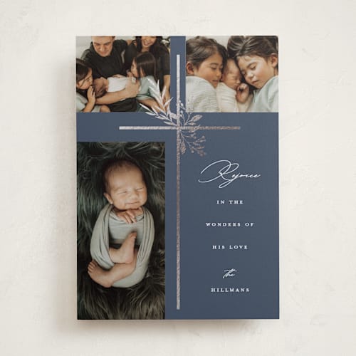 This is a midnight foil pressed holiday cards with foil pressed by Susan Zinader called leaves & berries printing on recycled smooth signature in standard